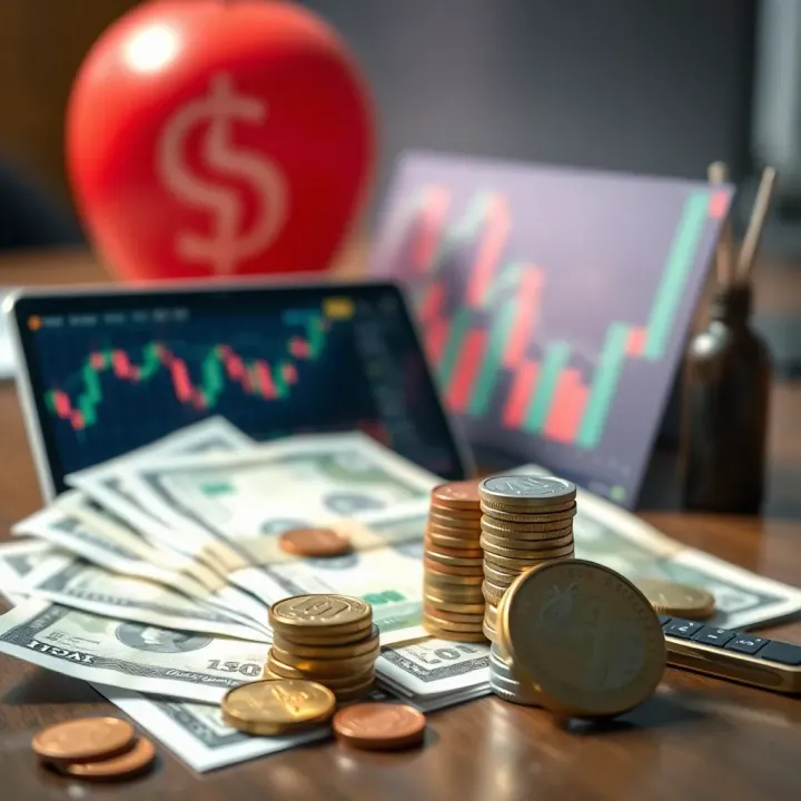 Currency notes and coins beside a digital device displaying forex trading charts