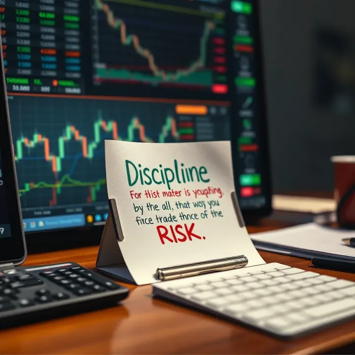 Motivational trading desk setup with notes containing quotes about discipline and risk
