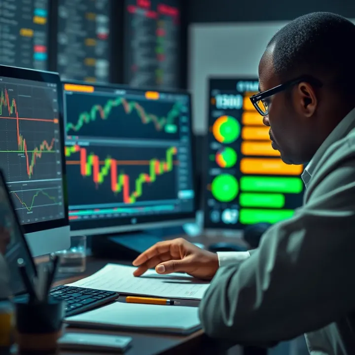 Risk Management and Regulatory Framework for Forex Trading in Nigeria Illustration of a trader analyzing charts with risk management tools and Nigerian financial regulations symbols