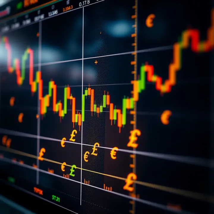 Graph displaying forex market trends with currency symbols and trading charts