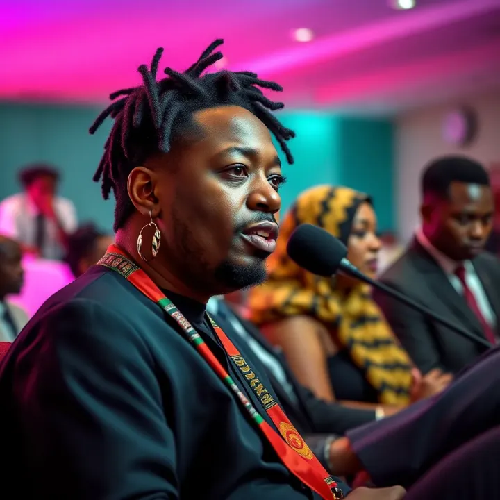 A non-binary celebrity speaking at a cultural event promoting gender inclusivity in Nigerian entertainment