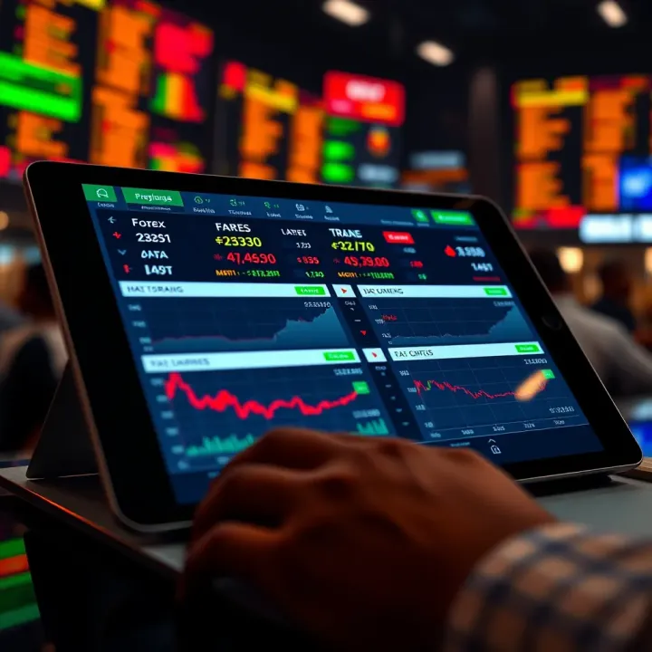 Digital Investment Platform Displaying Forex and Stock Options Illustration of a digital platform showing currency exchange rates and investment options on a tablet screen