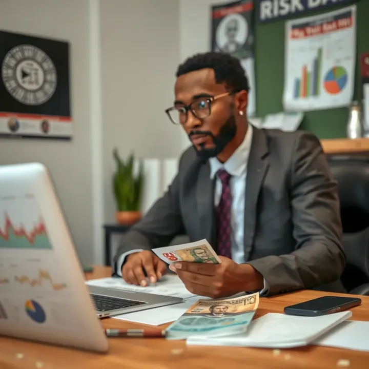 Business owner analyzing risk factors with charts and local currency on desk