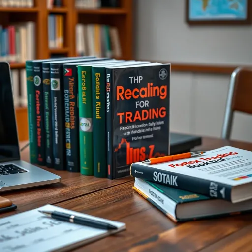 Essential Forex Trading Books for Nigerian Beginners Collection of essential forex trading books on a wooden table with a laptop and notepad
