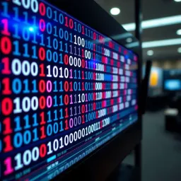 Binary Code Sequence Display on Digital Screen Illustration of a binary code sequence composed of zeros and ones on a digital screen