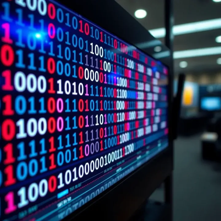 Binary Code Sequence Display on Digital Screen Illustration of a binary code sequence composed of zeros and ones on a digital screen