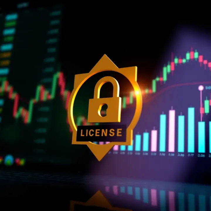 Conceptual representation of binary options trading license with secure digital badge and financial charts