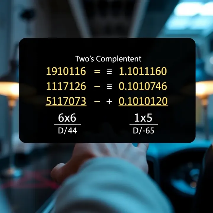 Two's Complement Method in Binary Subtraction Illustration showing the two's complement technique for binary subtraction with examples of binary inversion and addition