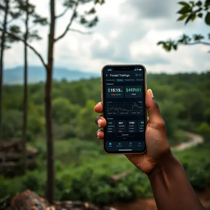Forest Trading Application Enhancing Sustainable Forestry Management in Nigeria Forest landscape with timber resources and mobile device displaying trading application interface