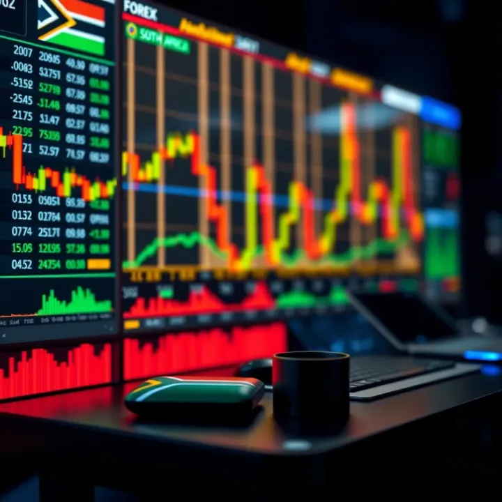 Digital interface displaying forex market data and trading platforms with South African financial elements