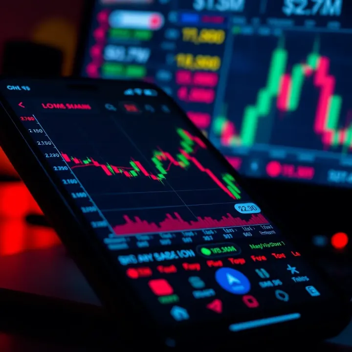 Mobile Trading Application Interface with Market Data Smartphone displaying stock market charts and data in a mobile trading application interface