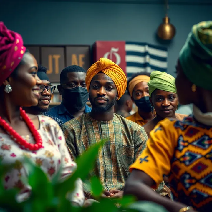Diverse Gender Expression in Nigerian Cultural Context Illustration depicting diverse individuals expressing varied gender identities in a supportive environment reflecting Nigerian cultural elements